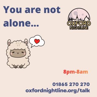 Nightline will listen to you, even when no one else does 🩷

🕗 8pm - 8am, throughout term time.
📞 Call us at: 01865 270270
💬 Or start a chat: oxfordnightline.org/talk

Here for you. Here to listen.