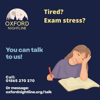 With exam season upon us, things can get very overwhelming... 

You can talk to us at any point during the night if things get too much! ❤️ 

Nightline volunteers are anonymous, and all calls are confidential.

🕗 8pm - 8am, throughout term time.
📞 Call us at: 01865 270270
💬 Or start a chat: oxfordnightline.org/talk

Here for you. Here to listen.